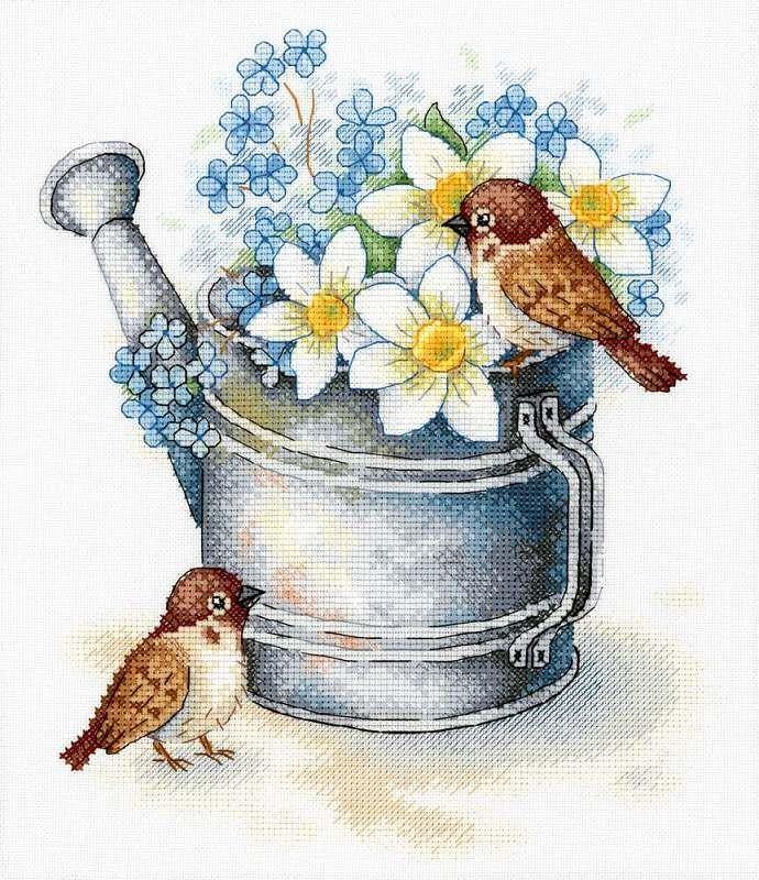 Daffodil Lovers SA-026 Cross-stitch kit featuring a watering can, white chamomiles, blue flowers, and a bullfinch on 27 count canvas.